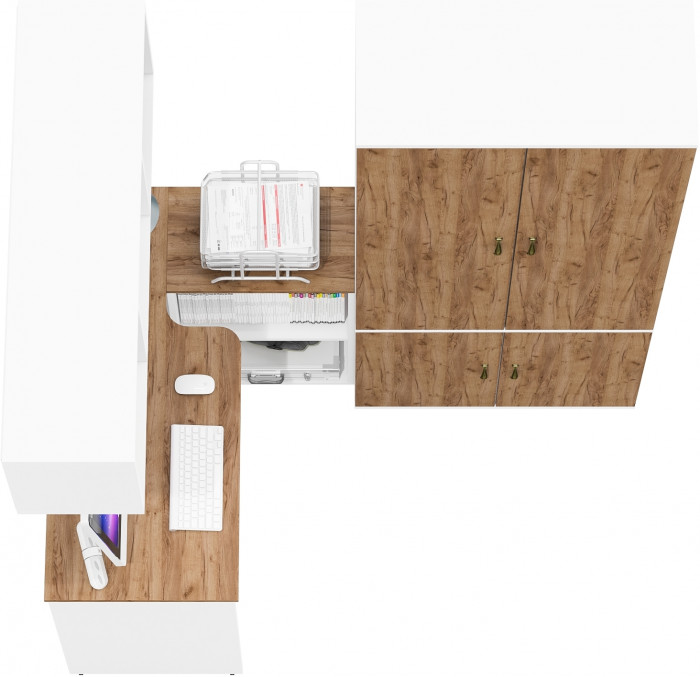 Лидер-8 Стол + Полка + Шкаф МД 20Б, цвет белый шагрень/крафт золото, ШхГхВ 245х50/37,5х75/190 или 115х160/50х75/190 см., НЕ универсальная сборка