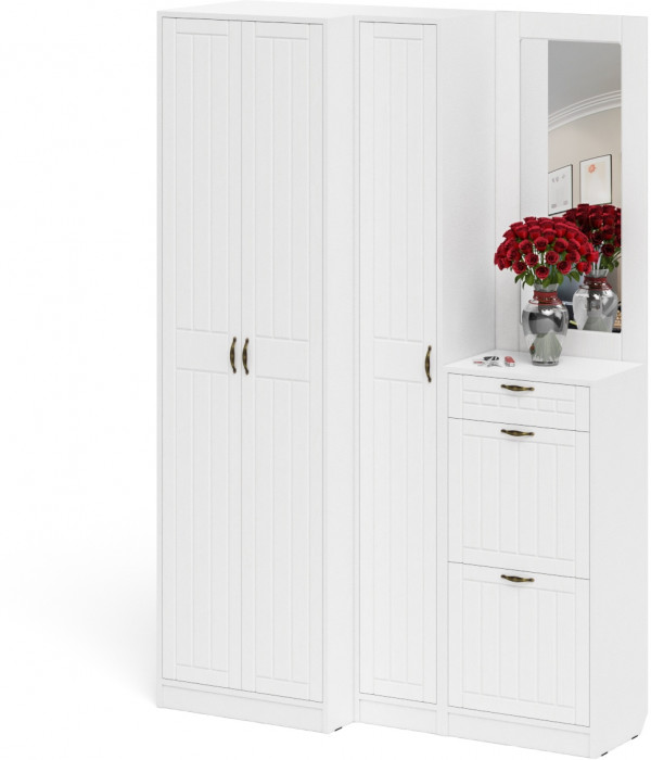 Прихожая П-6 Компоновка № 29, белая шагрень/фасады МДФ белое дерево фрезеровка прованс