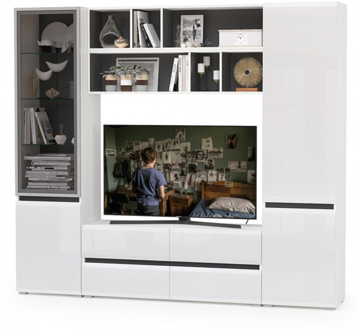 Сидней Комплектация № 039, корпус белый/чёрный/фасады МДФ белый глянец