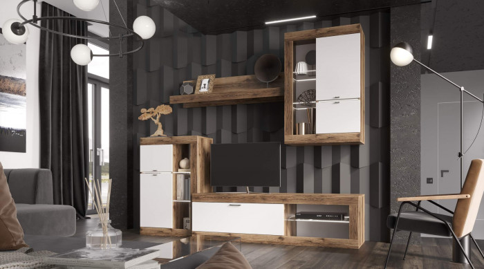 Прага Модульная Гостиная, вариант №1, Дуб Делано/Белый глянец