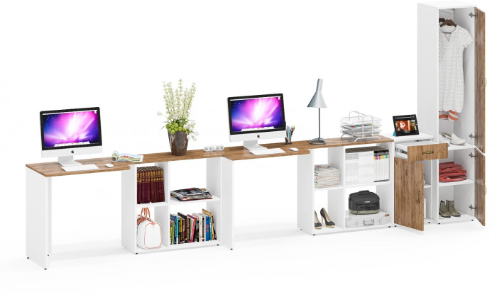 Лидер-8 Стол + Стол + Пенал МД 21Б + Тумба МД 3.15, цвет белый шагрень/крафт золото, ШхГхВ 410х50/37,5х75/190 или 230х160/50х75/190 см., НЕ ун. сб.