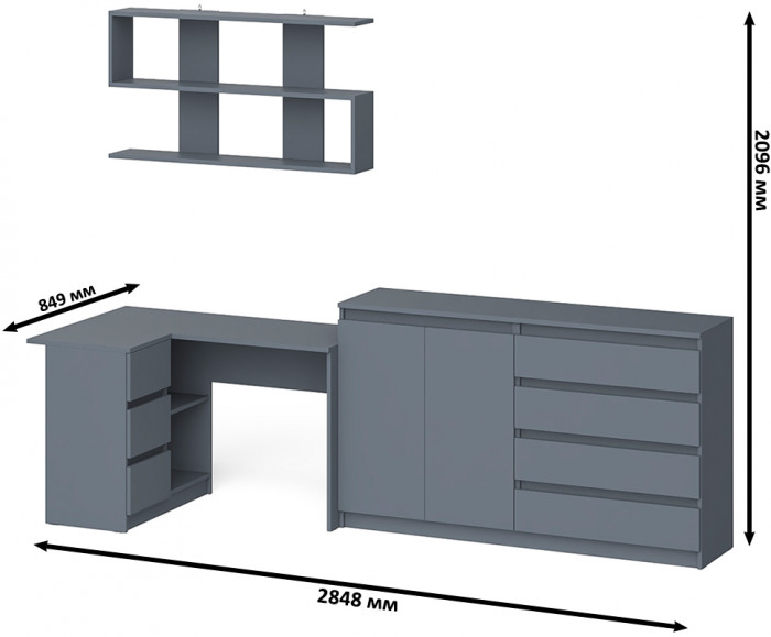 Мори компьютерный стол МС-16 левый + Комод МК1600.1 + Полка 1200, графит