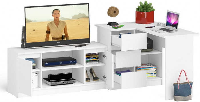 Мори компьютерный стол МС-16 левый + Тумба МТВ1200.1, белый