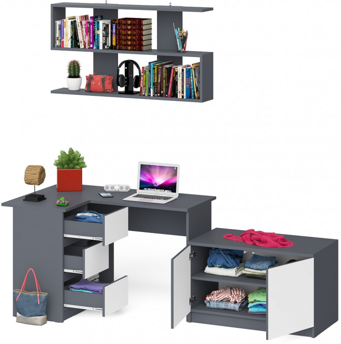 Мори Стол компьютерный МС-16 левый + Тумба МА900.1 + Полка 1200, цвет графит/белый, ШхГхВ 214,8х84,9х209,6 см., НЕ универсальная сборка