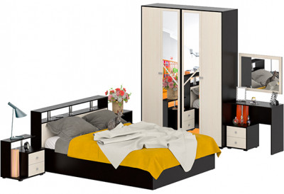 Камелия спальня № 2 Кровать 1600 + Две тумбы + Стол косметич. + Зеркало + Шкаф 4-х, цвет венге/дуб лоредо, сп.м. 1600х2000 мм., б/м, осн. есть