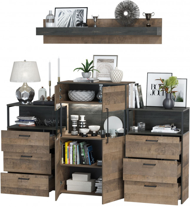 Трувор Гостиная 009, цвет дуб гранж песочный/интра, ШхГхВ 217,8х37х195 см., универсальная сборка, есть светодиодная подсветка