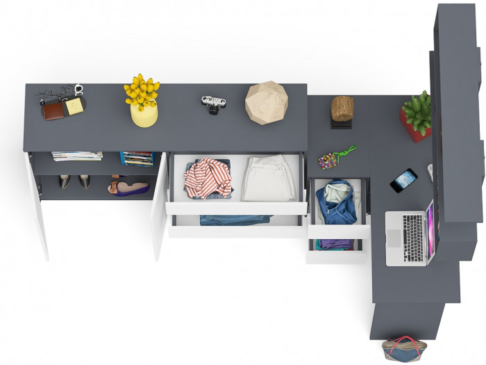 Мори компьютерный стол МС-16 левый + Комод МК1600.1 + Полка 1200, графит/белый