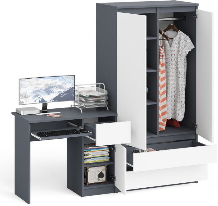 Мори Стол компьютерный МС-1 правый + Шкаф МШ900.1, цвет графит/белый, ШхГхВ 180,4х50,4х179,6 см., выдвижной ящик справа, НЕ универсальная сборка