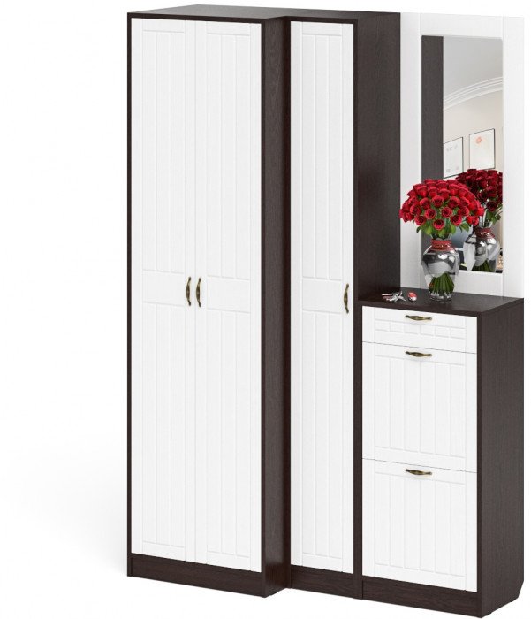 Прихожая П-6 Компоновка № 29, венге/фасады МДФ белое дерево фрезеровка прованс