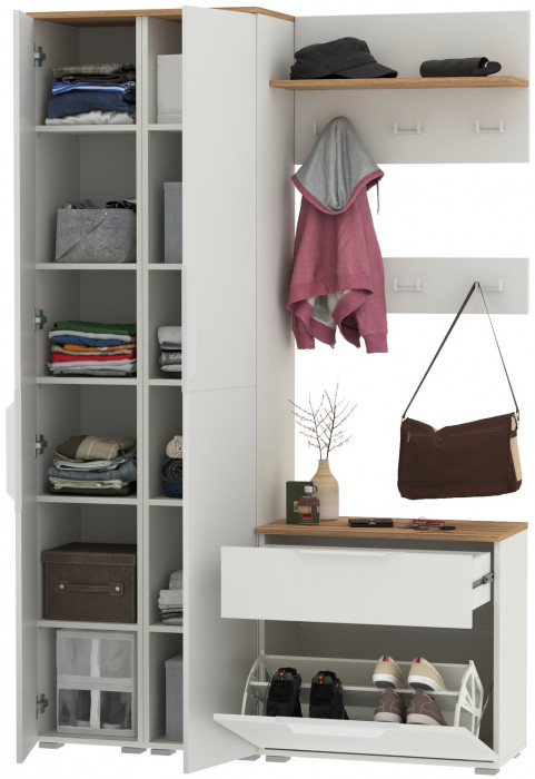 Октава Прихожая 20, цвет белый шагрень/дуб крафт золотой/фасады МДФ белый шагрень, ШхГхВ 129,3х35,4х197,6 см., универсальная сборка