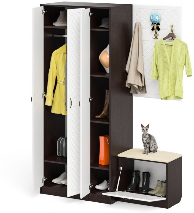 Прихожая П-6 Компоновка № 47, цвет венге/фасады МДФ белое дерево фрезеровка ромб, ШхГхВ 150х50х210 см., универсальная сборка