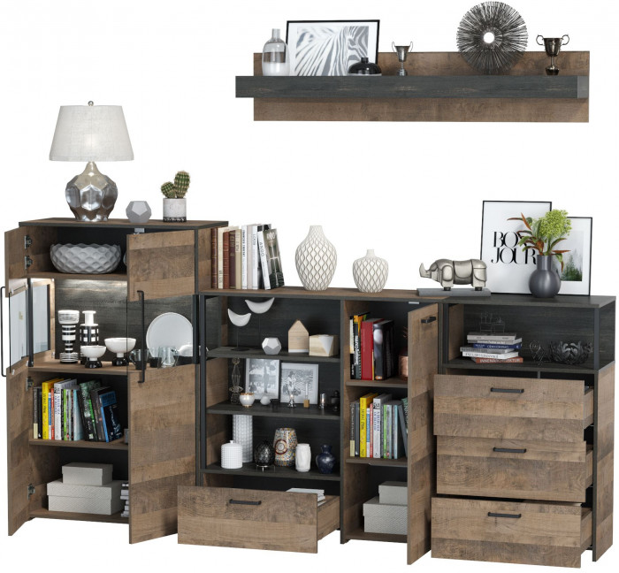 Трувор Гостиная 010, цвет дуб гранж песочный/интра, ШхГхВ 260,8х37х195 см., универсальная сборка