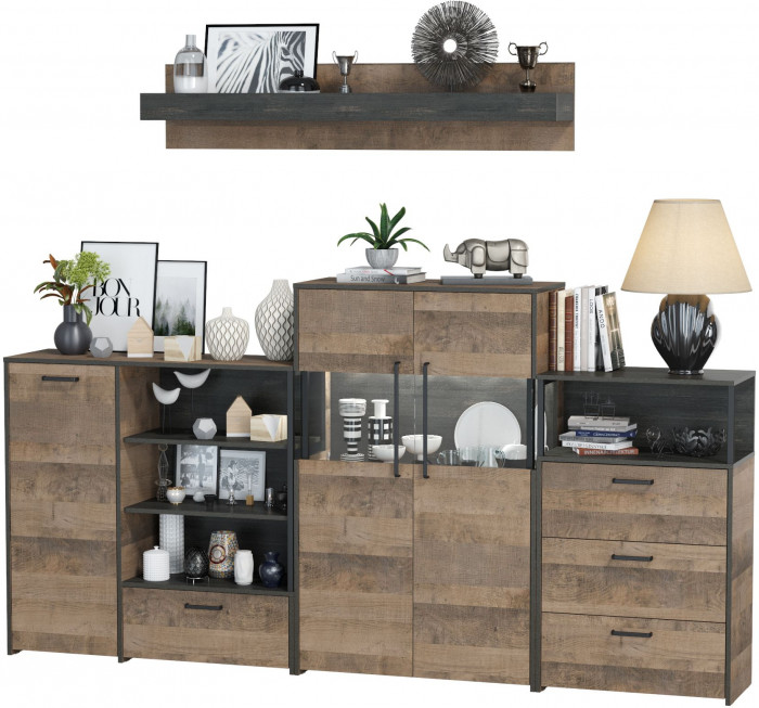 Трувор Гостиная 010, цвет дуб гранж песочный/интра, ШхГхВ 260,8х37х195 см., универсальная сборка