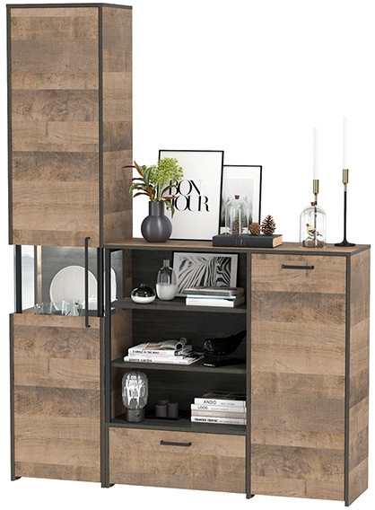 Трувор 13.205 Шкаф-пенал с витриной + 13.307.01 Комод, дуб гранж песочный/интра