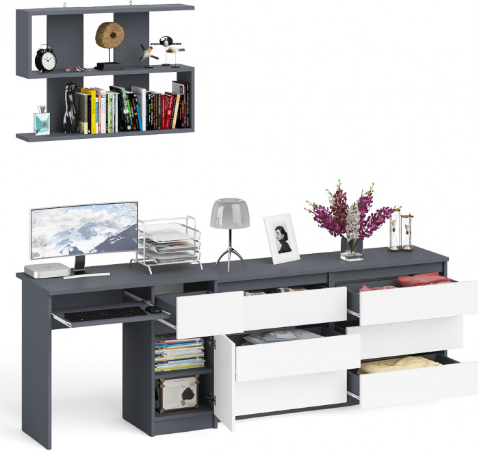 Мори компьютерный стол МС-1 правый + Комод МК1380.6 + Полка 900, графит/белый