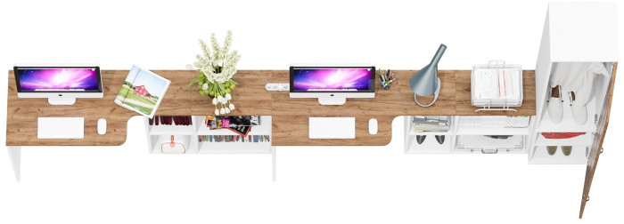 Лидер-8 Стол + Стол + Пенал МД 21Б, цвет белый шагрень/крафт золото, ШхГхВ 370х50/37,5х75/190 или 230х120/50х75/190 см., НЕ универсальная сборка