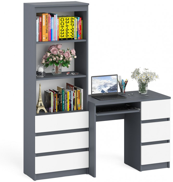 Мори компьютерный стол МС-6 правый + Стеллаж МСТ600.3, графит/белый