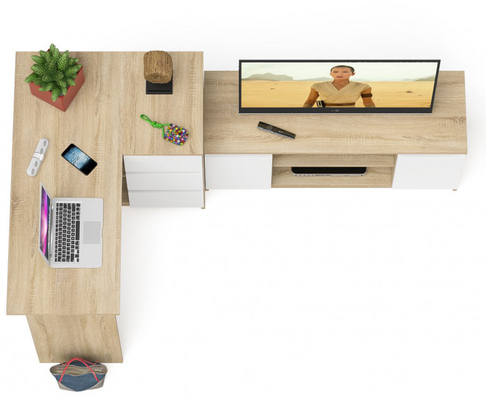 Мори Стол компьютерный МС-16 правый + Тумба МТВ1200.1, цвет дуб сонома/белый, ШхГхВ 244,8х84,9х76,6 см., выдвижные ящики справа, НЕ универс. сборка