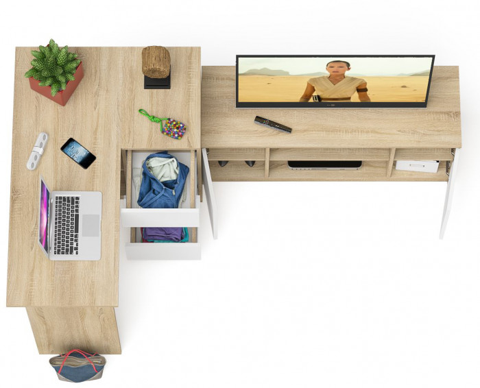 Мори Стол компьютерный МС-16 правый + Тумба МТВ1200.1, цвет дуб сонома/белый, ШхГхВ 244,8х84,9х76,6 см., выдвижные ящики справа, НЕ универс. сборка