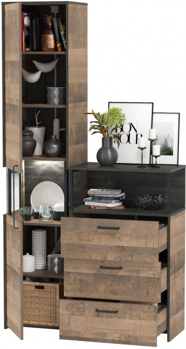 Трувор 13.205 Шкаф-пенал с витриной + 13.307.02 Комод с ящиками, дуб гранж песочный/интра