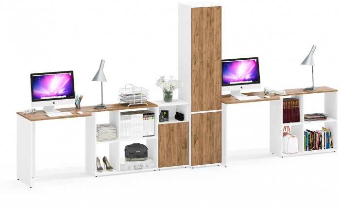 Лидер-8 Стол + Стол + Пенал МД 21Б + Тумба МД 3.19, белый шагрень/крафт золото