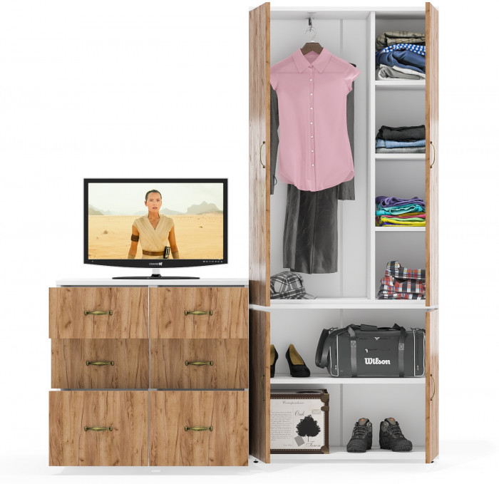 Лидер-8 Шкаф МД 20Б + Тумба МД 3.16 + Тумба МД 3.16, белый шагрень/крафт золото