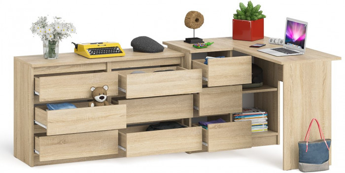 Мори компьютерный стол МС-16 левый + Комод МК1200.6, дуб сонома