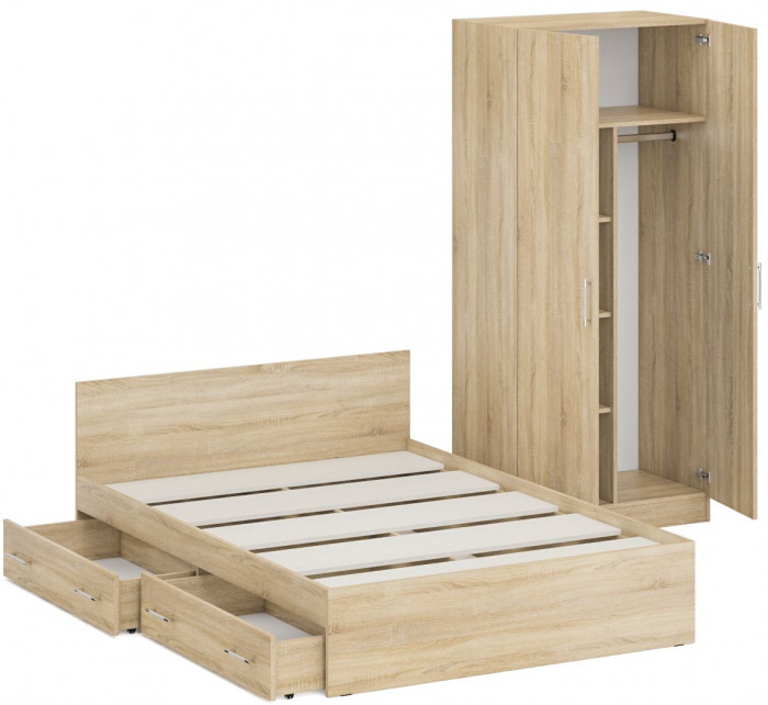 Кровать с ящиками 1400 + Шкаф 2-х створчатый Стандарт, дуб сонома