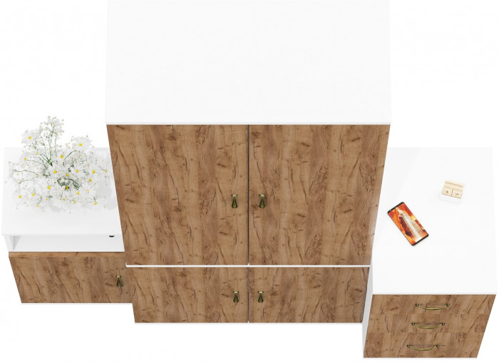 Лидер-8 Шкаф МД 20Б + Тумба МД 3.16 + Тумба МД 3.19, белый шагрень/крафт золото