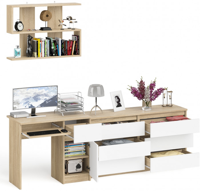 Мори компьютерный стол МС-1 правый + Комод МК1380.6 + Полка 900, дуб сонома/белый