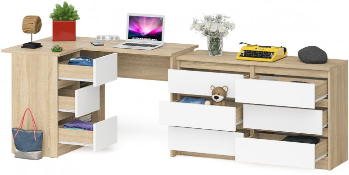 Мори компьютерный стол МС-16 левый + Комод МК1200.6, дуб сонома/белый