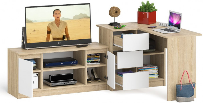 Мори компьютерный стол МС-16 левый + Тумба МТВ1200.1, дуб сонома/белый