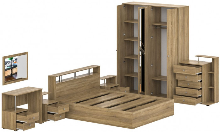 Камелия спальня № 3 Кровать 1600 + Две тумбы + Стол косметич. + Зеркало + Комод + Шкаф 4-х, цвет дуб сонома, сп.м. 1600х2000 мм., б/м, осн. есть
