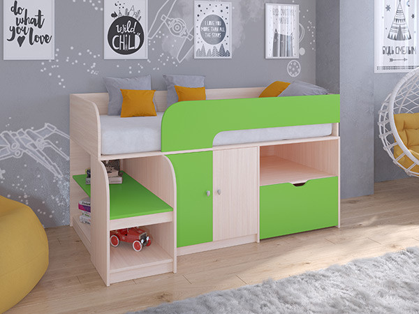 Кровать чердак Астра 9 V4 Дуб молочный/Салатовый
