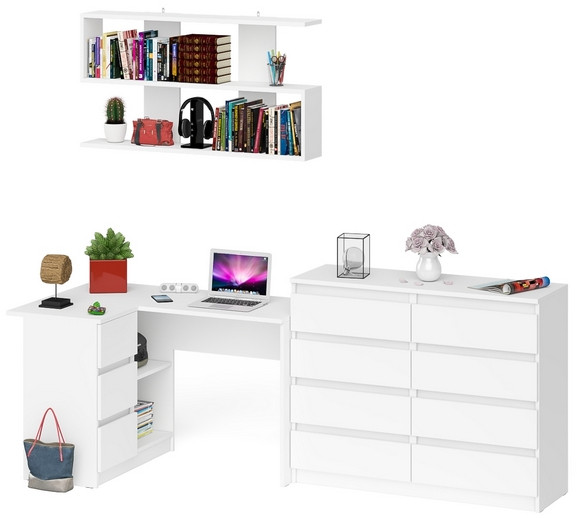 Мори компьютерный стол МС-16 левый + Комод МК1200.8 + Полка 1200, белый