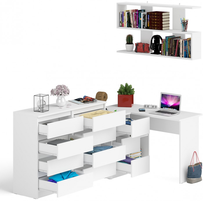 Мори компьютерный стол МС-16 левый + Комод МК1200.8 + Полка 1200, белый