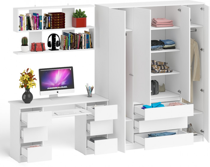 Мори компьютерный стол МС-2 + Шкаф МШ1600.1 + Полка 1200, белый