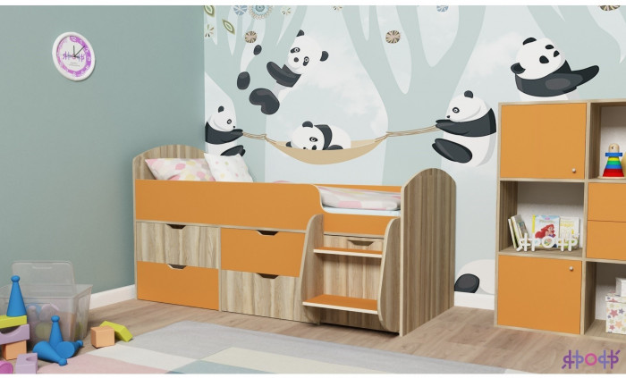 Кровать-чердак Малыш 7 (Дуб молочный/Оранжевый)