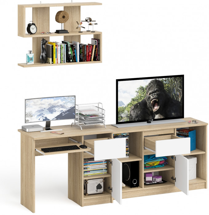 Мори Стол компьютерный МС-1 правый + Тумба МТВ1204.1 + Полка 900, цвет дуб сонома/белый, ШхГхВ 210,4х50х209,6 см., НЕ универсальная сборка