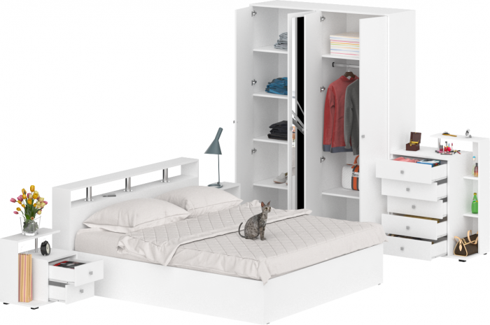 Камелия спальня № 4 Кровать 1800 + Две тумбы + Комод + Шкаф 4-х створчатый, цвет белый, сп.м. 1800х2000 мм., б/м, основание есть