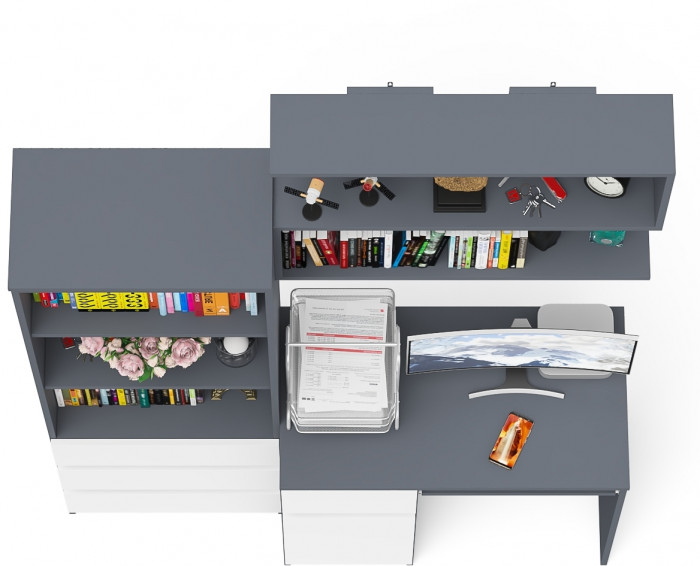 Мори Стол компьютерный МС-1 левый + Стеллаж МСТ600.3 + Полка 900, цвет графит/белый, ШхГхВ 150,4х50х209,6 см., НЕ универсальная сборка