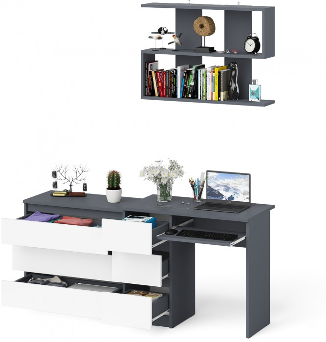 Мори Стол компьютерный МС-6 левый + Комод МК800.1 + Полка 900, цвет графит/белый, ШхГхВ 170,4х50х209,6 см., НЕ универсальная сборка