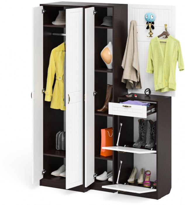 Прихожая П-6 Компоновка № 30, венге/фасады МДФ белое дерево фрезеровка прованс