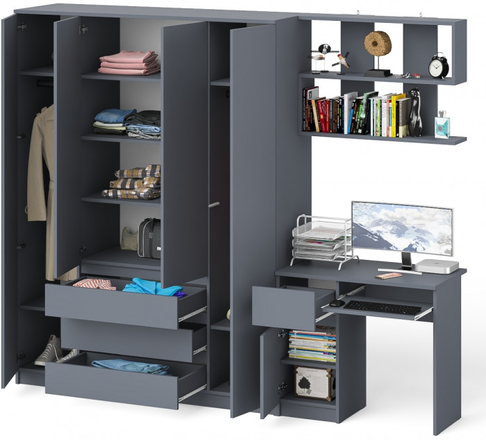 Мори компьютерный стол МС-1 левый + Шкаф МШ1600.1 + Полка 900, графит