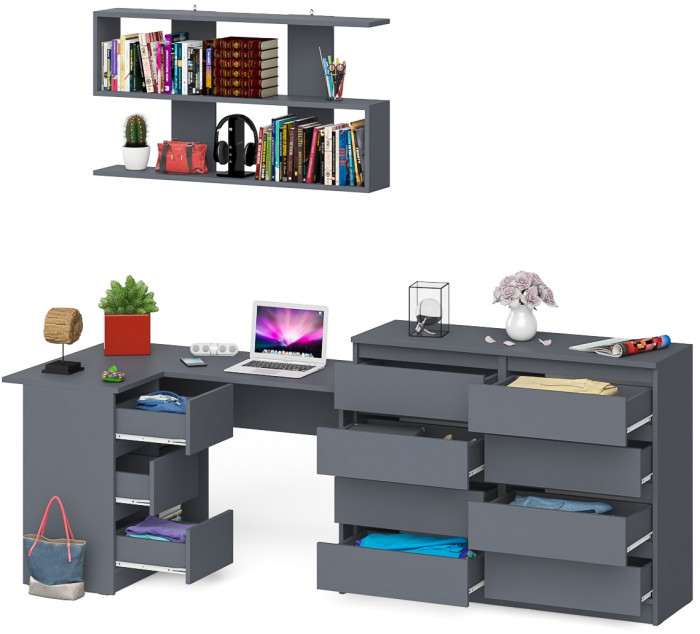 Мори компьютерный стол МС-16 левый + Комод МК1200.8 + Полка 1200, графит