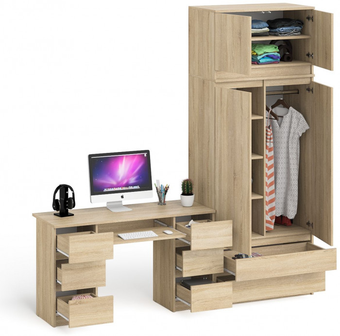 Мори Стол компьютерный МС-2 + Шкаф МШ900.1 + Антресоль МА900.1, цвет дуб сонома, ШхГхВ 225,8х50,4х234,2 см., универсальная сборка