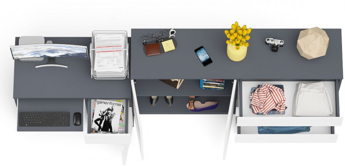 Мори компьютерный стол МС-1 правый + Комод МК1600.1, графит/белый