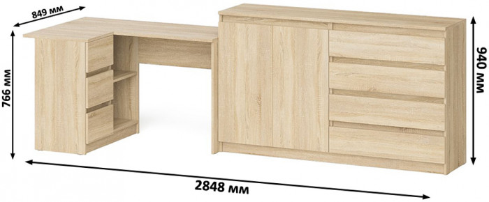 Мори компьютерный стол МС-16 левый + Комод МК1600.1, дуб сонома