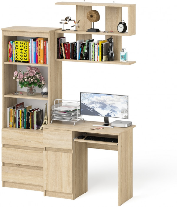 Мори Стол компьютерный МС-1 левый + Стеллаж МСТ600.3 + Полка 900, цвет дуб сонома, ШхГхВ 150,4х50х209,6 см., НЕ универсальная сборка