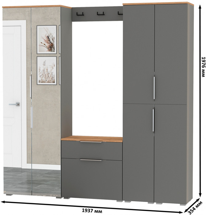 Октава Прихожая 30, цвет серый графит/дуб крафт золотой/фасады МДФ серый графит, ШхГхВ 193,7х35,4х197,6 см., универсальная сборка